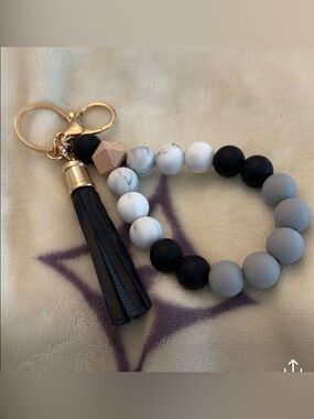 Beaded Silicone Wristlet Keychain with Black Tassel - Neutral Gray/Black/White